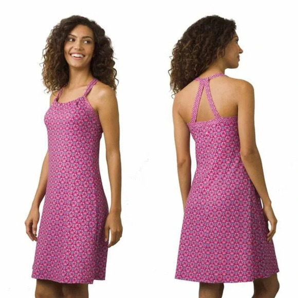 Prana Quinn Dress Geometric Shelf Bra Size M Cosmo Pink Botanica Outdoor hiking - Picture 2 of 16